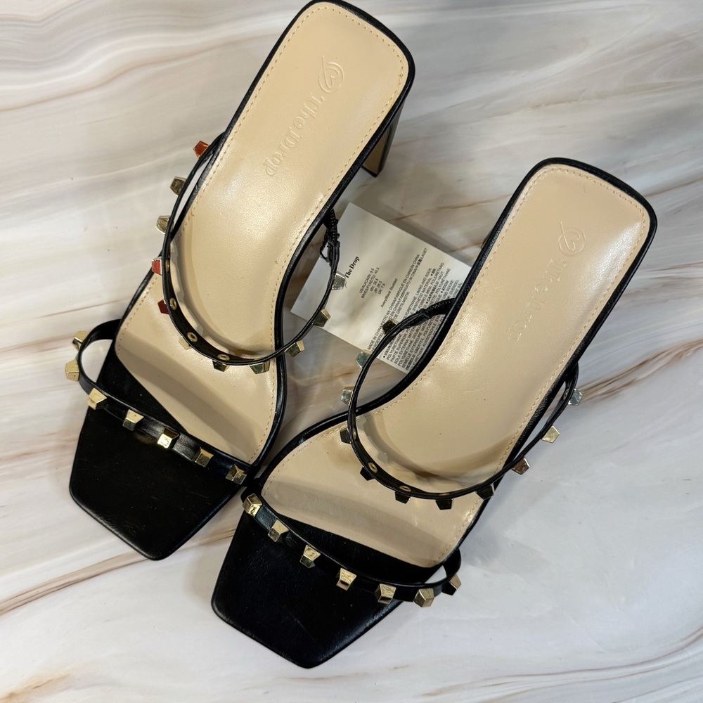 The Drop Black Studded Mule Heels NWT Size 9.5 Modern Square Toe Slides